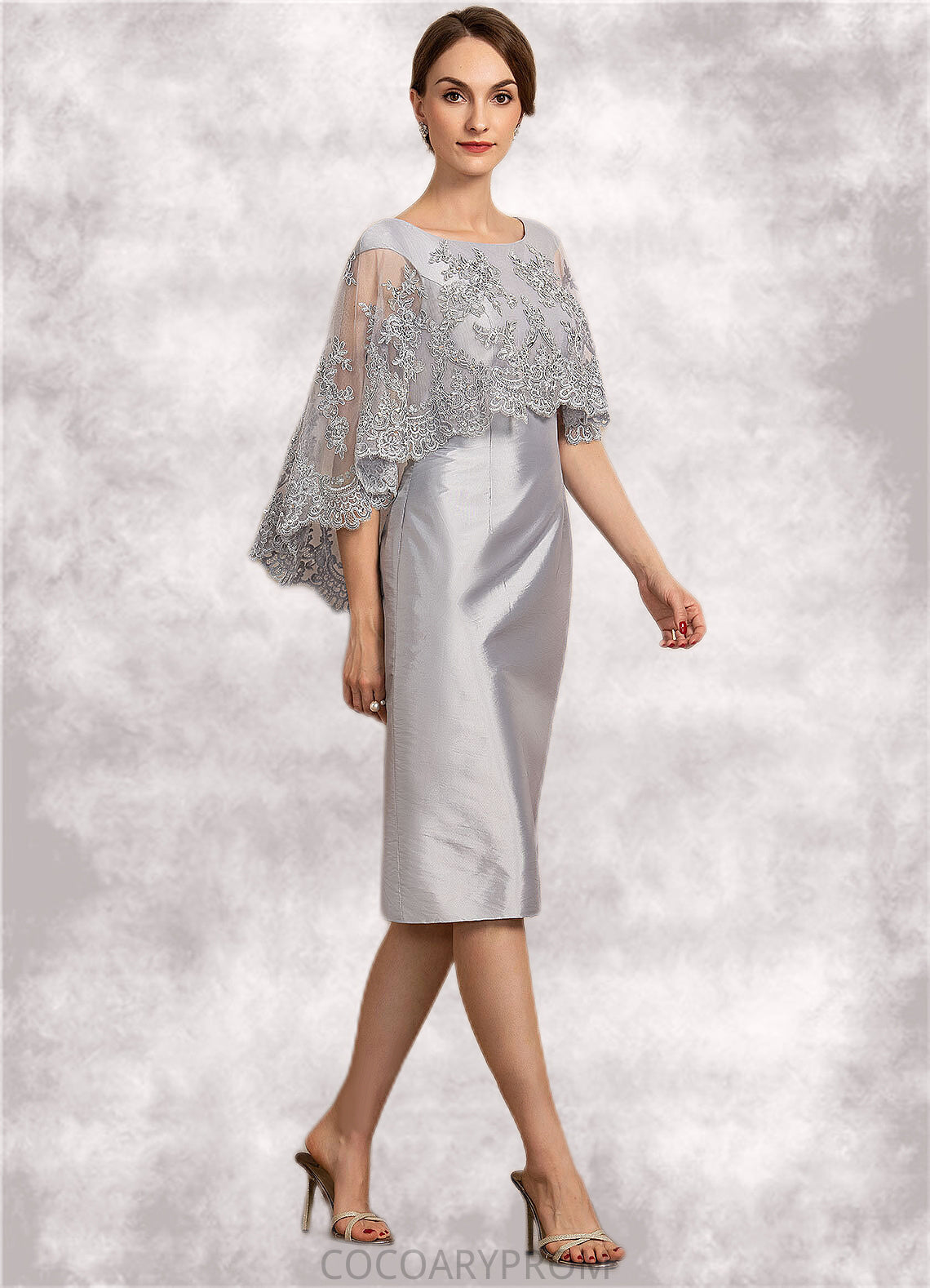 Everly Sheath/Column Scoop Neck Knee-Length Taffeta Lace Mother of the Bride Dress With Beading Sequins DA8126P0014886