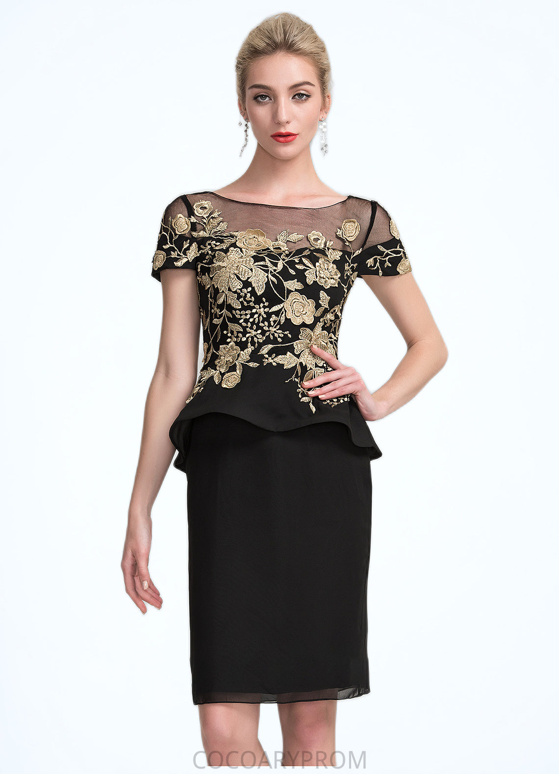 Piper Sheath/Column Scoop Neck Knee-Length Chiffon Mother of the Bride Dress With Lace Cascading Ruffles DA8126P0014887