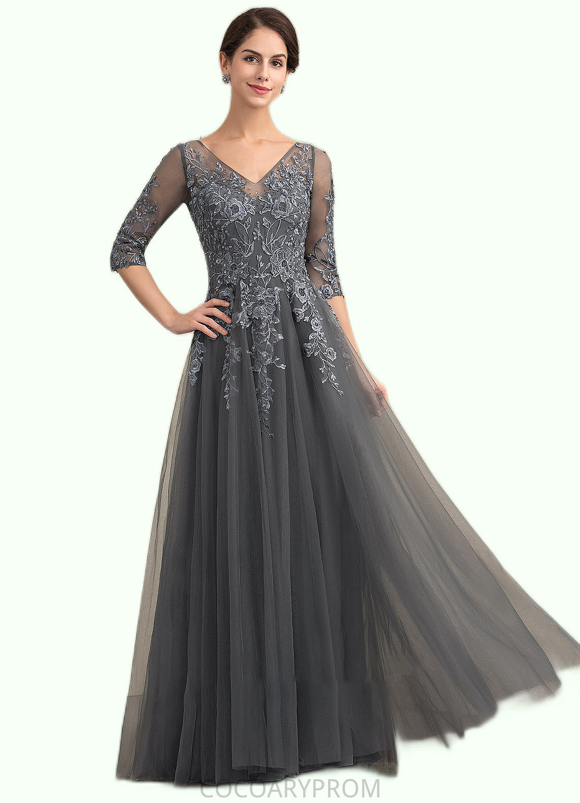 Ina A-Line V-neck Floor-Length Tulle Lace Mother of the Bride Dress With Beading Sequins DA8126P0014895