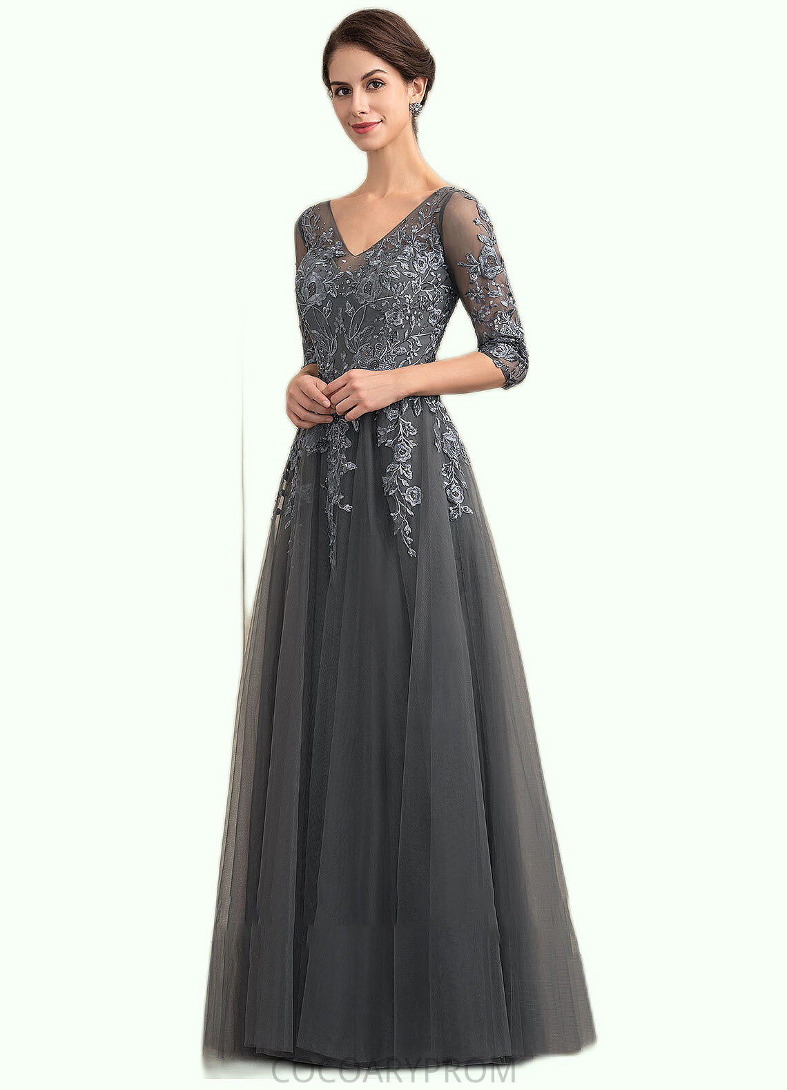 Ina A-Line V-neck Floor-Length Tulle Lace Mother of the Bride Dress With Beading Sequins DA8126P0014895