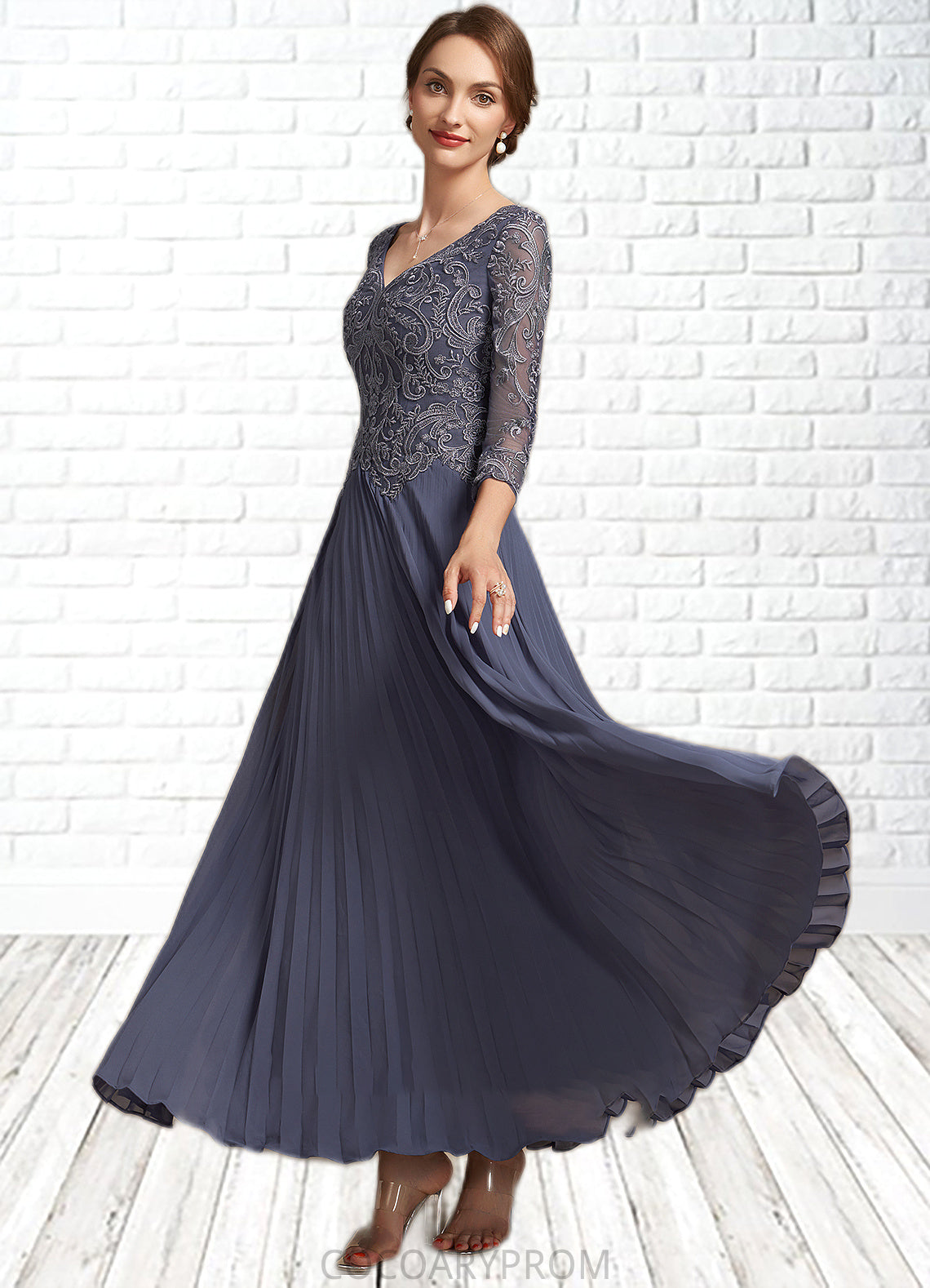 Quintina A-Line V-neck Ankle-Length Chiffon Lace Mother of the Bride Dress DA8126P0014899