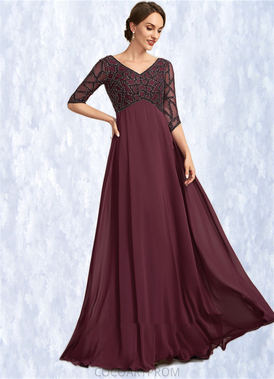 Aubree Empire V-neck Floor-Length Chiffon Mother of the Bride Dress With Beading DA8126P0014906