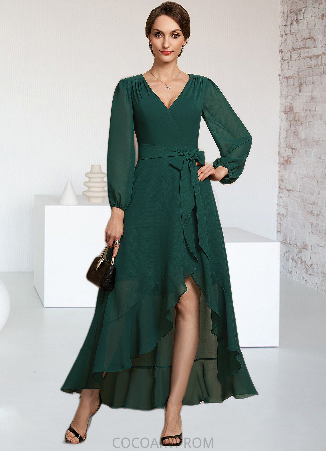 Sabrina A-Line V-neck Asymmetrical Chiffon Mother of the Bride Dress With Bow(s) Cascading Ruffles DA8126P0014909