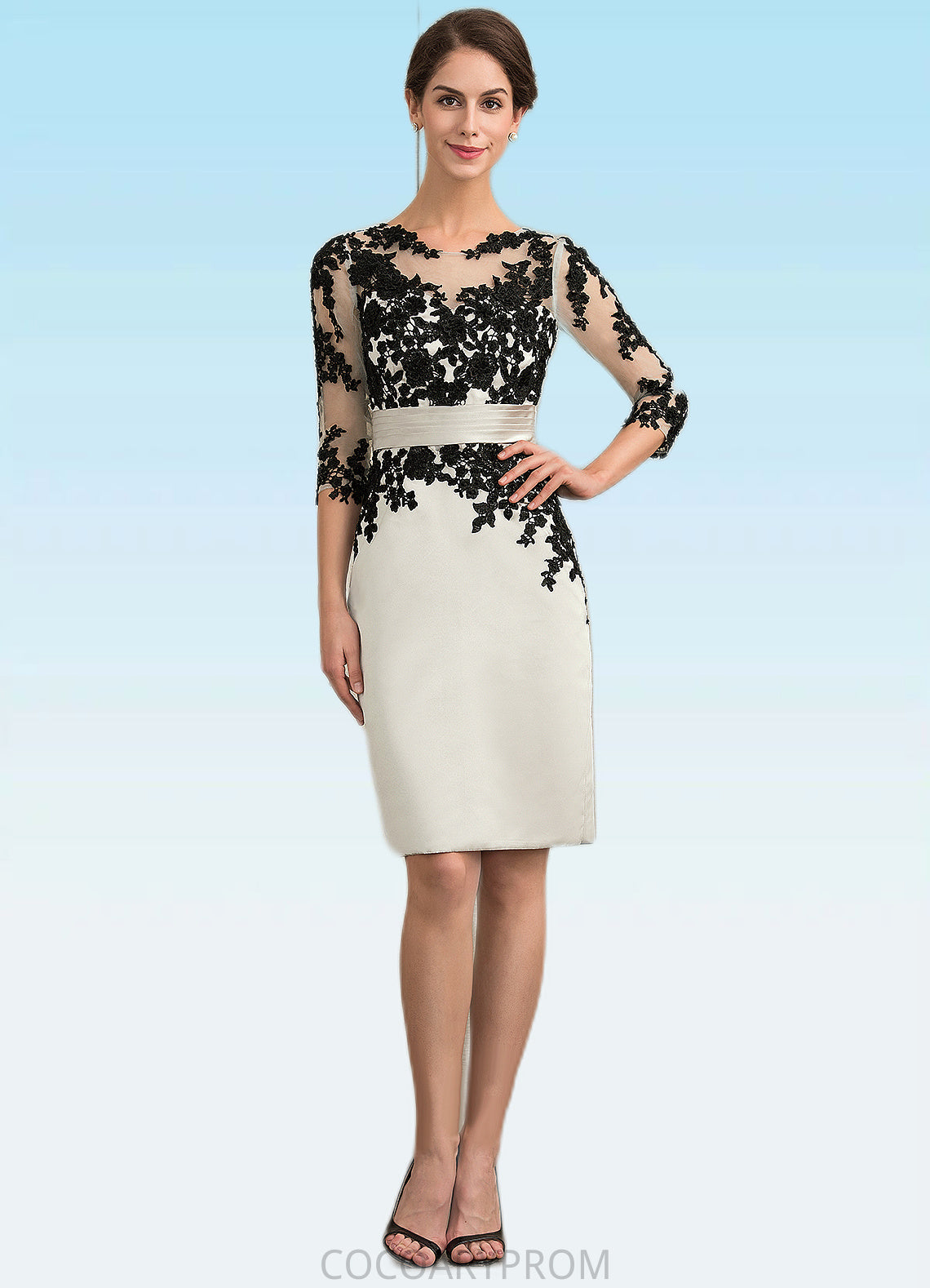 Zara Sheath/Column Scoop Neck Knee-Length Satin Lace Mother of the Bride Dress With Beading Sequins DA8126P0014916