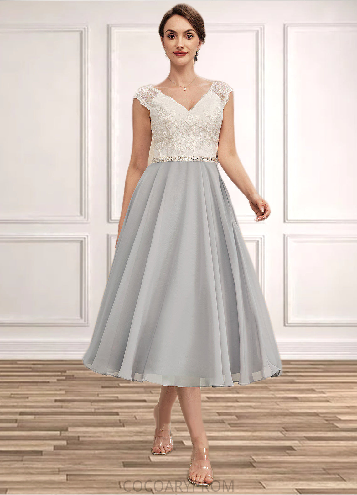 Jade A-Line V-neck Tea-Length Chiffon Lace Mother of the Bride Dress With Beading DA8126P0014919