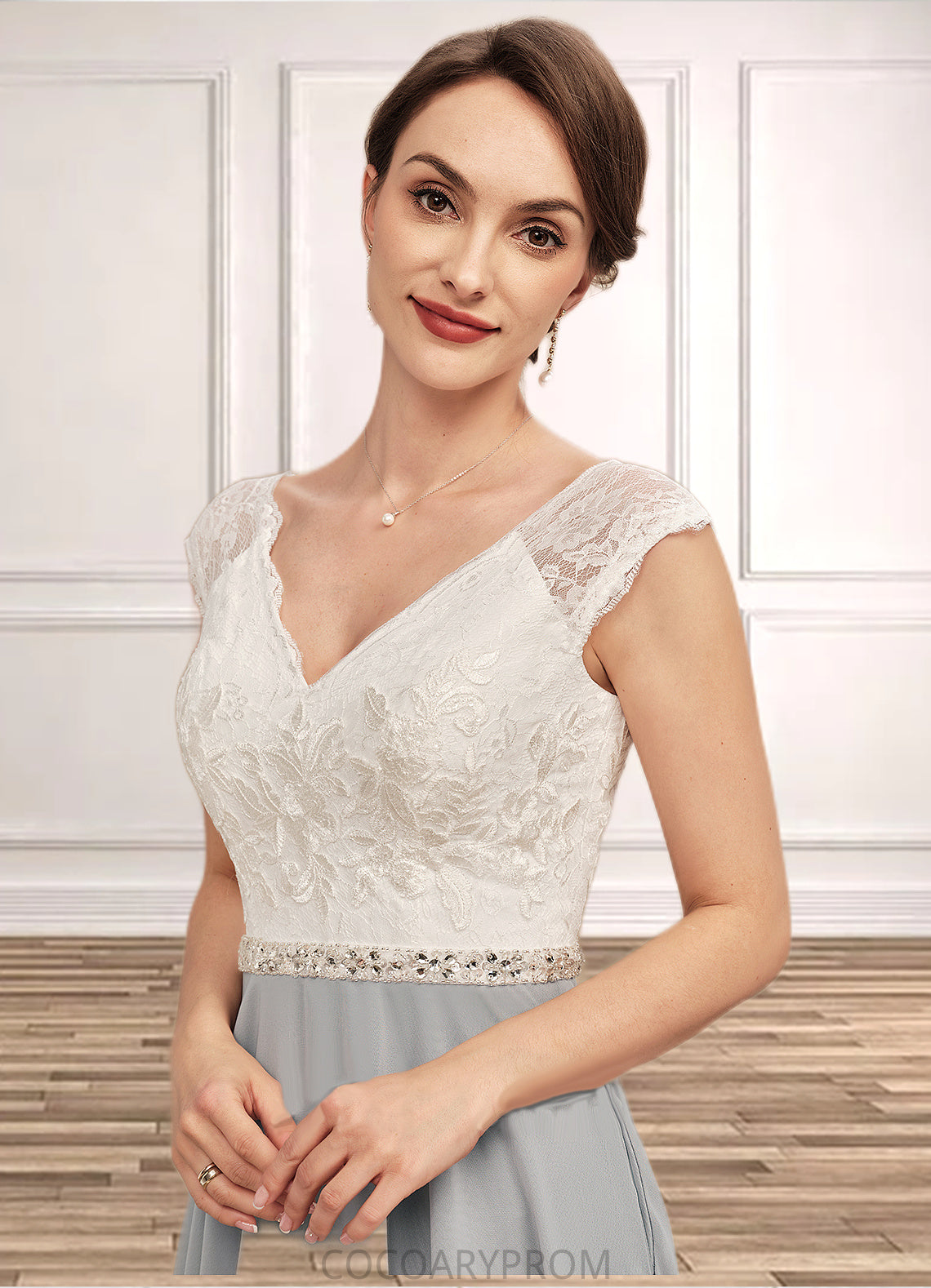 Jade A-Line V-neck Tea-Length Chiffon Lace Mother of the Bride Dress With Beading DA8126P0014919