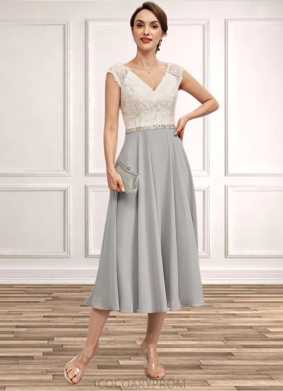 Jade A-Line V-neck Tea-Length Chiffon Lace Mother of the Bride Dress With Beading DA8126P0014919