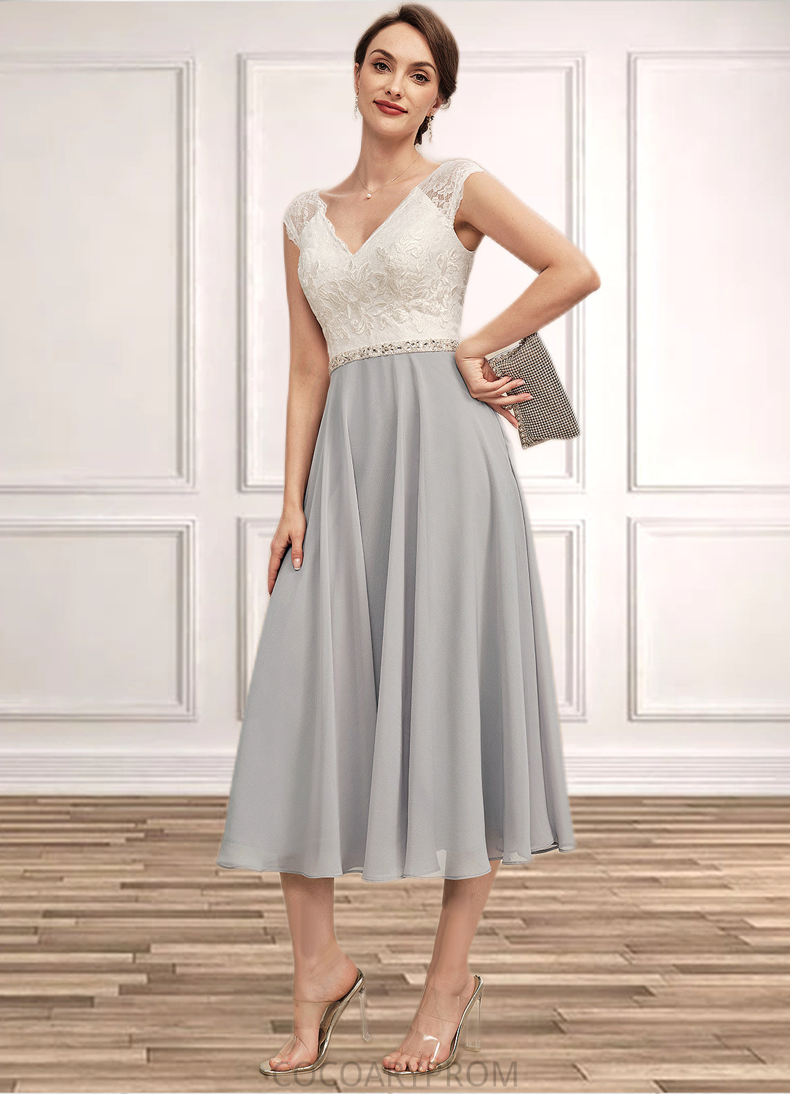 Jade A-Line V-neck Tea-Length Chiffon Lace Mother of the Bride Dress With Beading DA8126P0014919