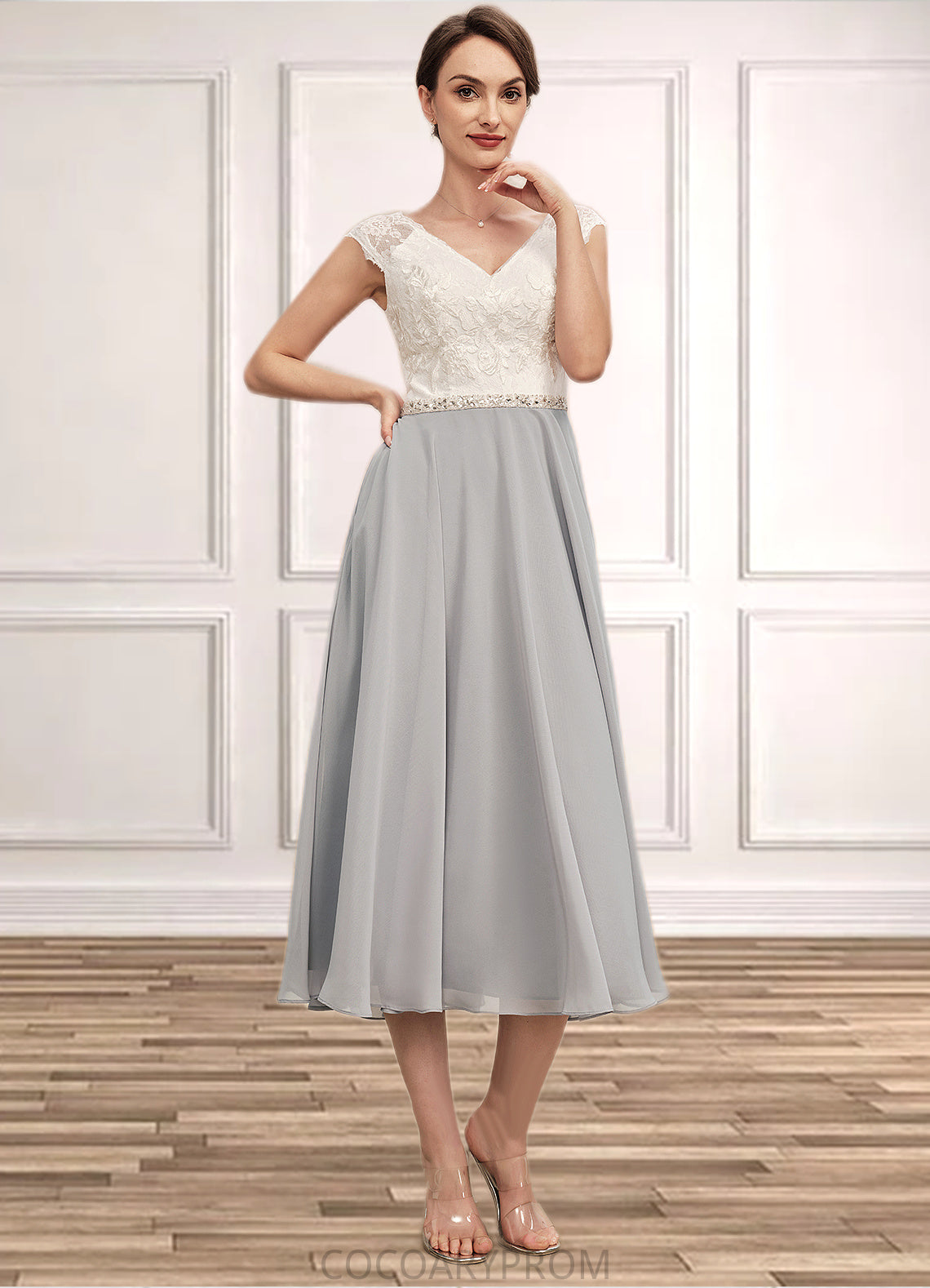 Jade A-Line V-neck Tea-Length Chiffon Lace Mother of the Bride Dress With Beading DA8126P0014919