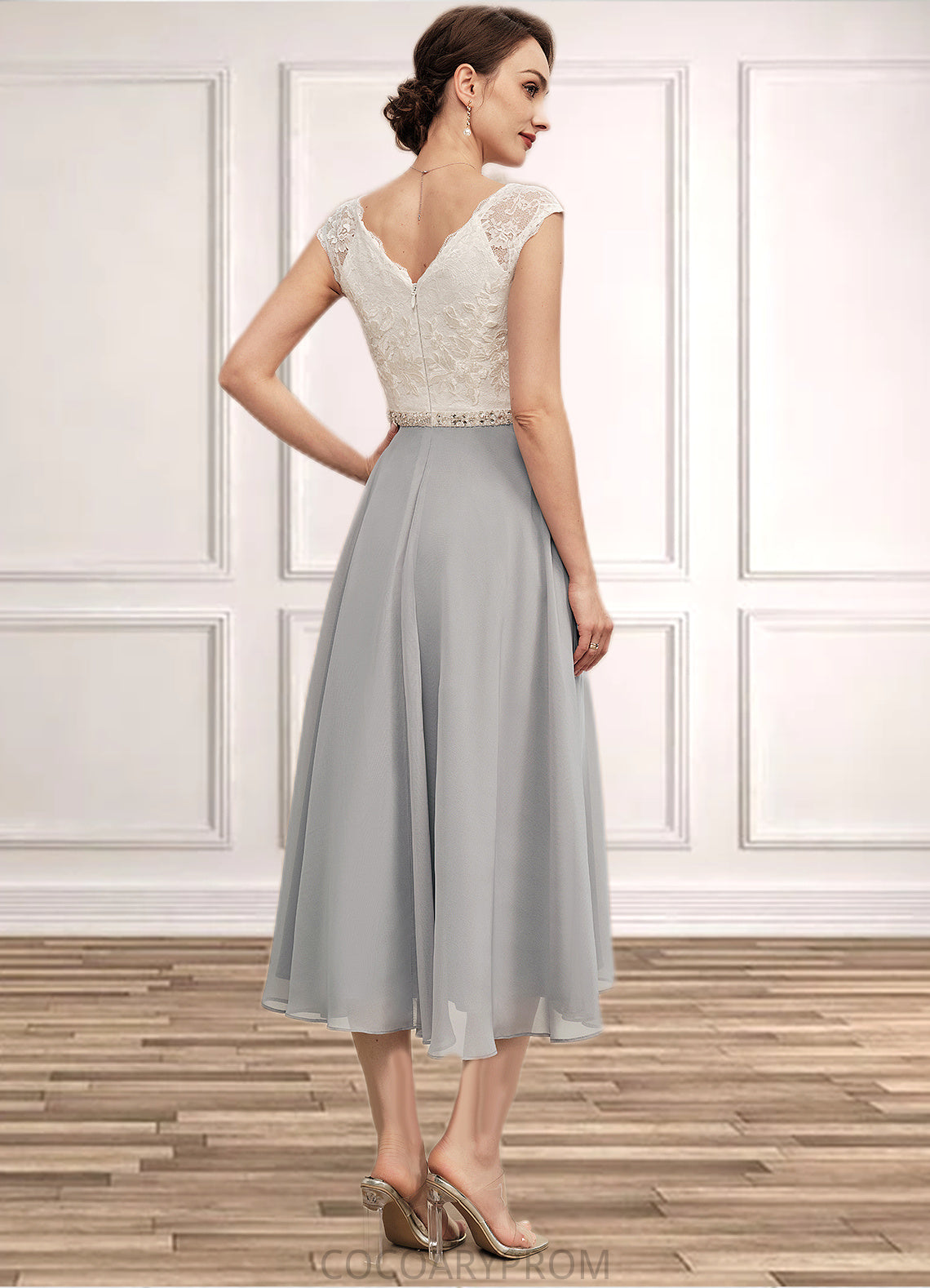 Jade A-Line V-neck Tea-Length Chiffon Lace Mother of the Bride Dress With Beading DA8126P0014919