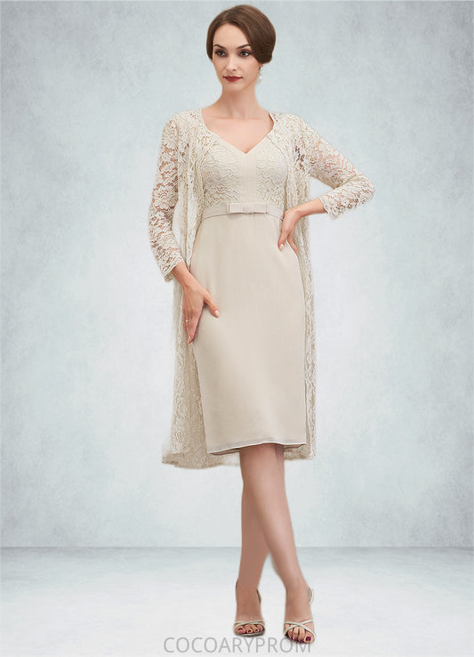 Rosa Sheath/Column V-neck Knee-Length Chiffon Lace Mother of the Bride Dress With Bow(s) DA8126P0014924