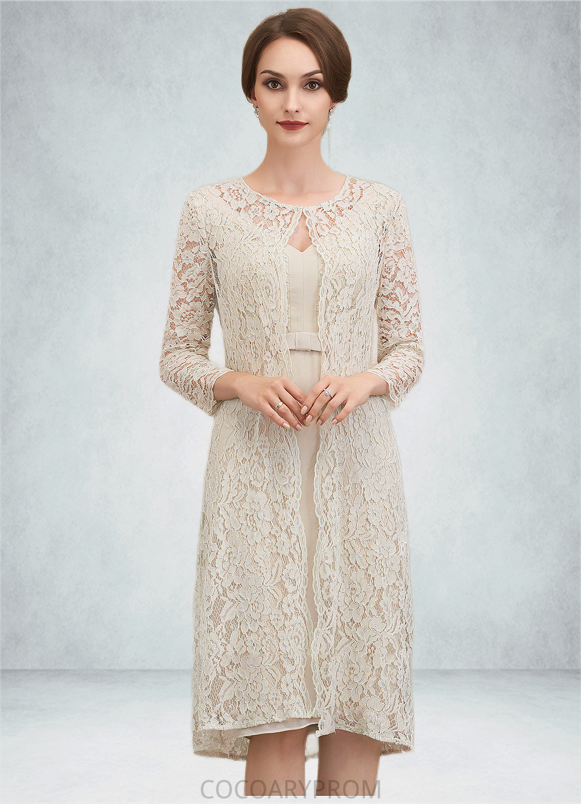 Rosa Sheath/Column V-neck Knee-Length Chiffon Lace Mother of the Bride Dress With Bow(s) DA8126P0014924