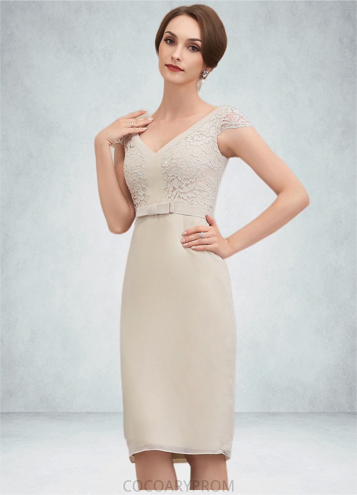 Rosa Sheath/Column V-neck Knee-Length Chiffon Lace Mother of the Bride Dress With Bow(s) DA8126P0014924