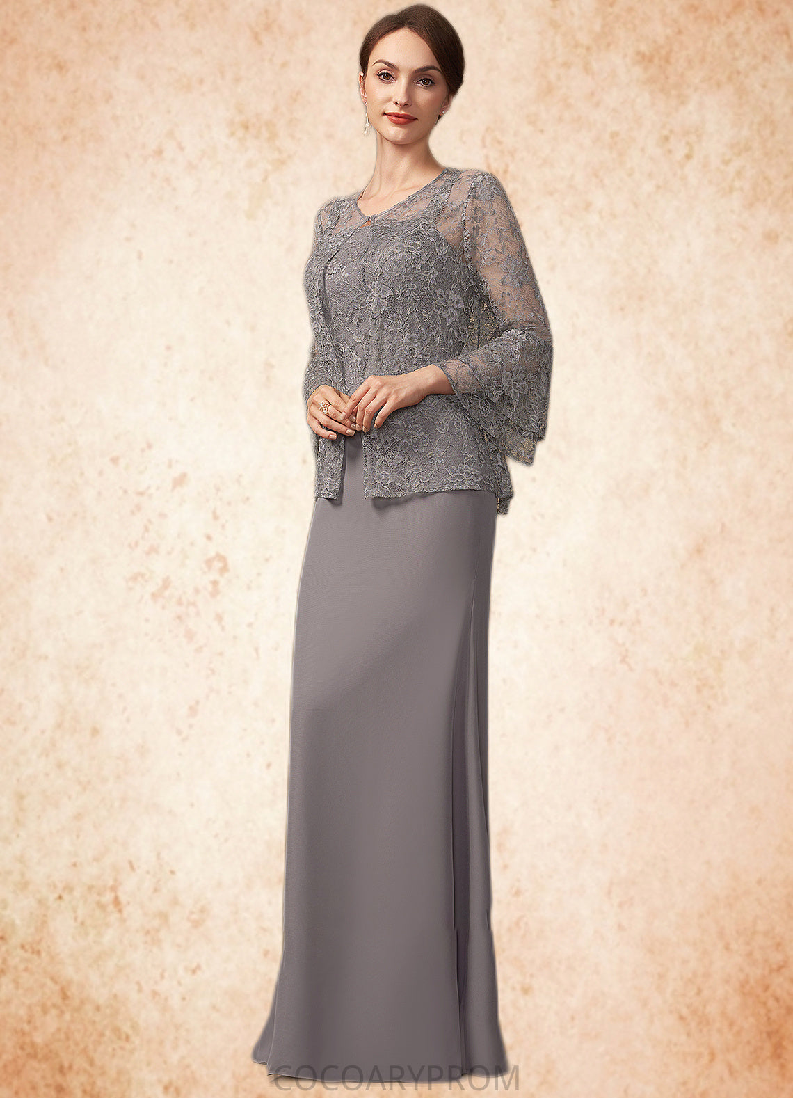 Autumn Sheath/Column Square Neckline Floor-Length Chiffon Lace Mother of the Bride Dress DA8126P0014936