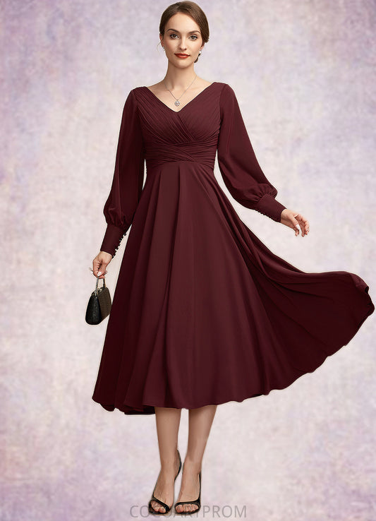 Amara A-Line V-neck Tea-Length Mother of the Bride Dress With Ruffle DA8126P0014948