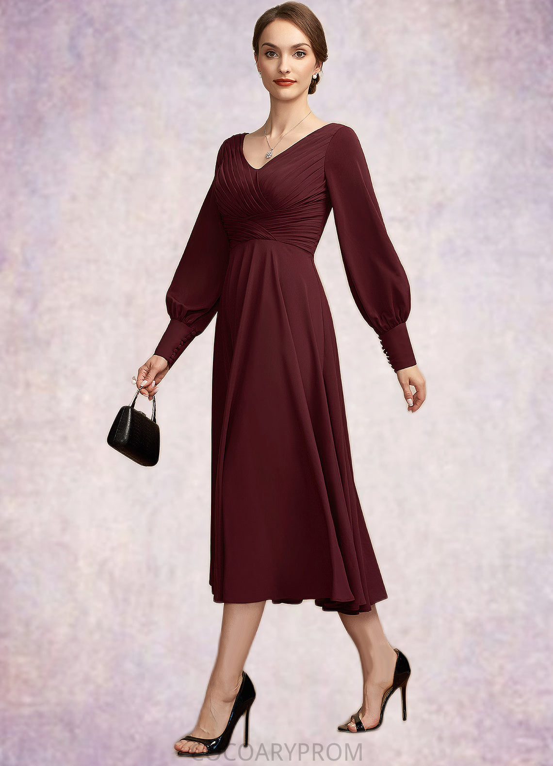 Amara A-Line V-neck Tea-Length Mother of the Bride Dress With Ruffle DA8126P0014948