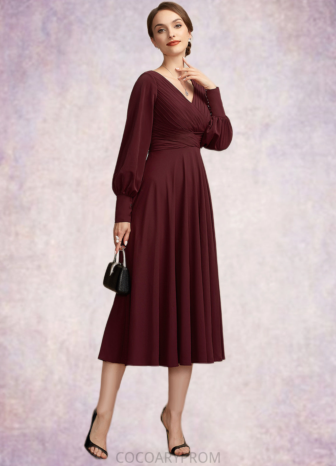 Amara A-Line V-neck Tea-Length Mother of the Bride Dress With Ruffle DA8126P0014948