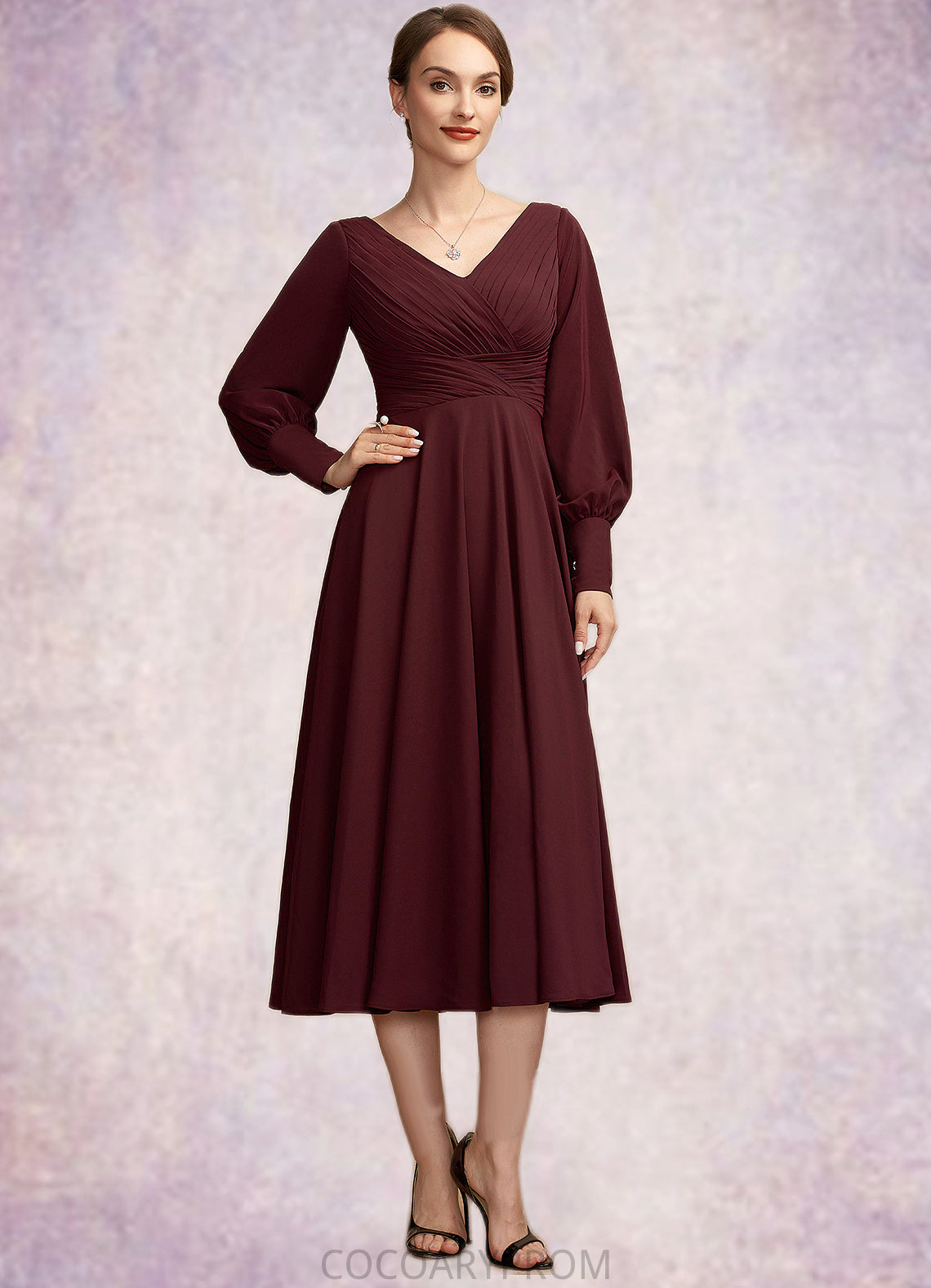 Amara A-Line V-neck Tea-Length Mother of the Bride Dress With Ruffle DA8126P0014948