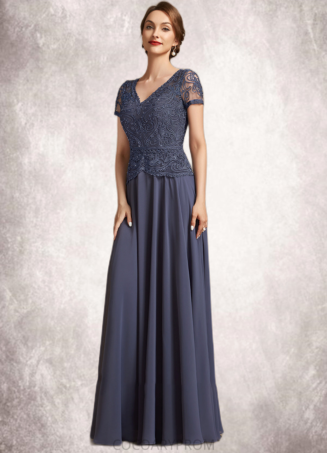 Pearl A-Line V-neck Floor-Length Chiffon Lace Mother of the Bride Dress With Sequins DA8126P0014964