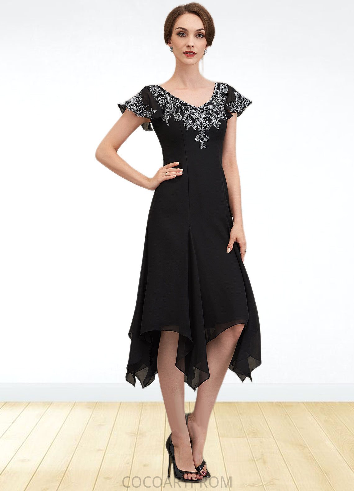 Phoebe A-Line V-neck Tea-Length Chiffon Lace Mother of the Bride Dress With Sequins DA8126P0014967