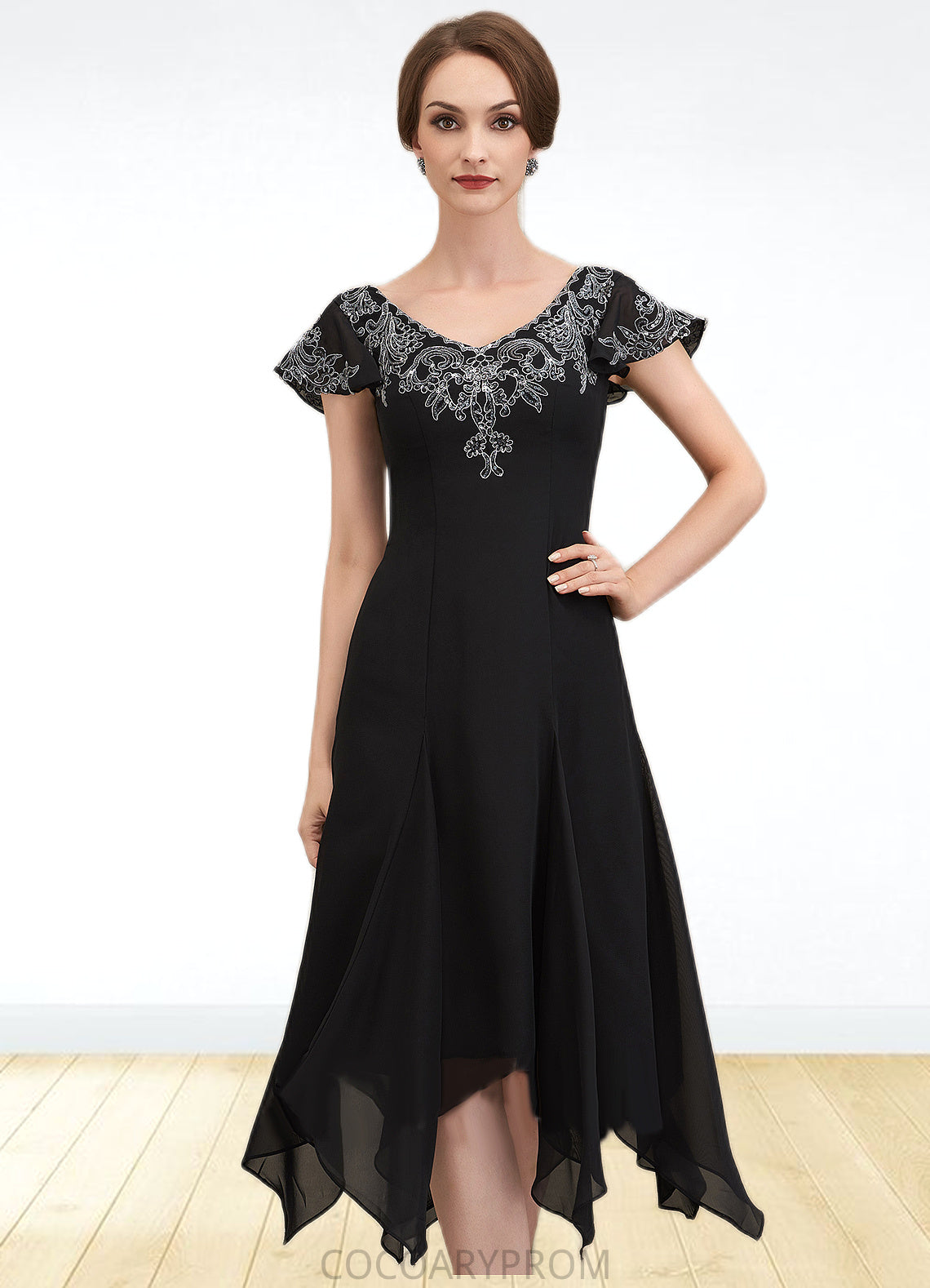 Phoebe A-Line V-neck Tea-Length Chiffon Lace Mother of the Bride Dress With Sequins DA8126P0014967