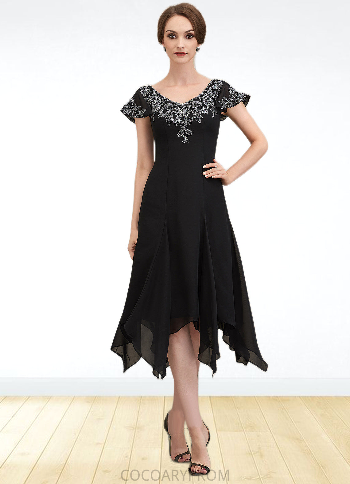 Phoebe A-Line V-neck Tea-Length Chiffon Lace Mother of the Bride Dress With Sequins DA8126P0014967