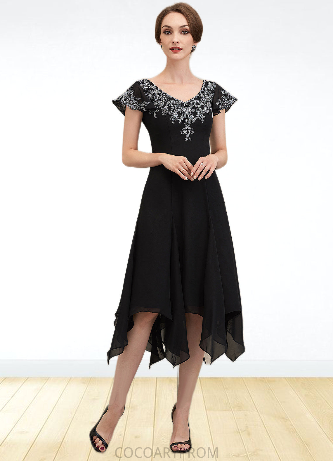 Phoebe A-Line V-neck Tea-Length Chiffon Lace Mother of the Bride Dress With Sequins DA8126P0014967