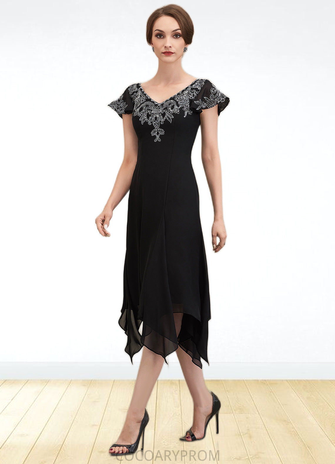 Phoebe A-Line V-neck Tea-Length Chiffon Lace Mother of the Bride Dress With Sequins DA8126P0014967