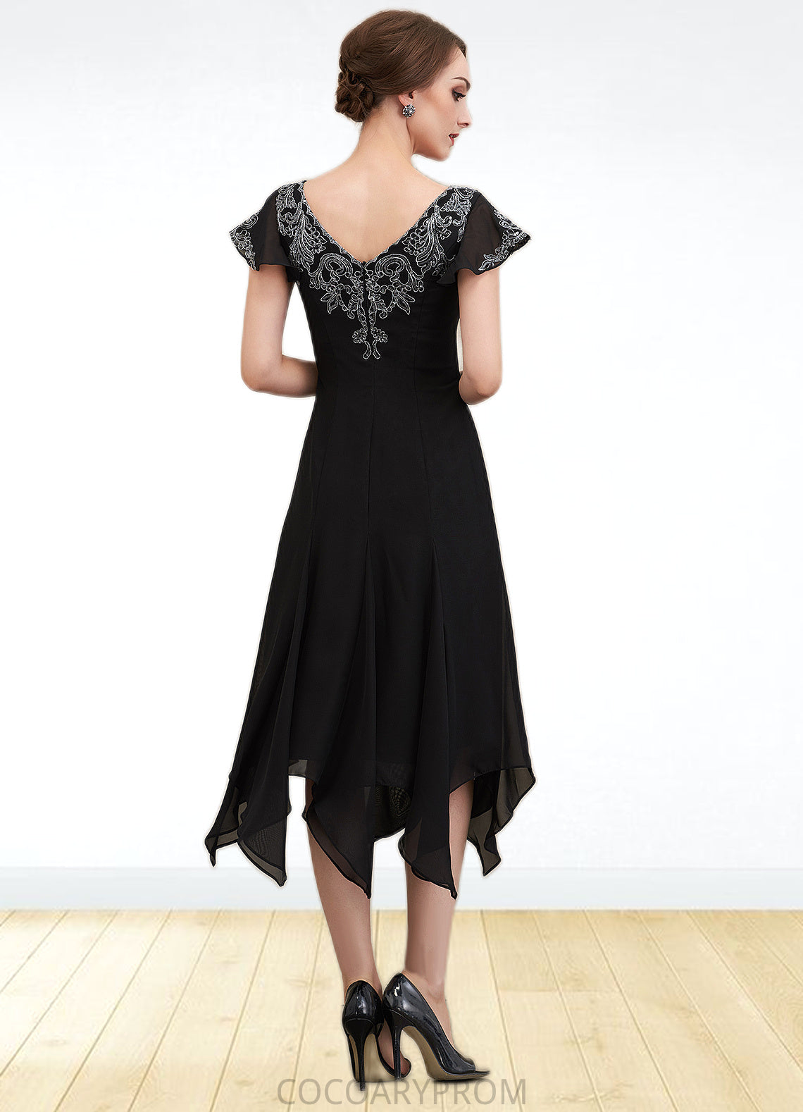 Phoebe A-Line V-neck Tea-Length Chiffon Lace Mother of the Bride Dress With Sequins DA8126P0014967