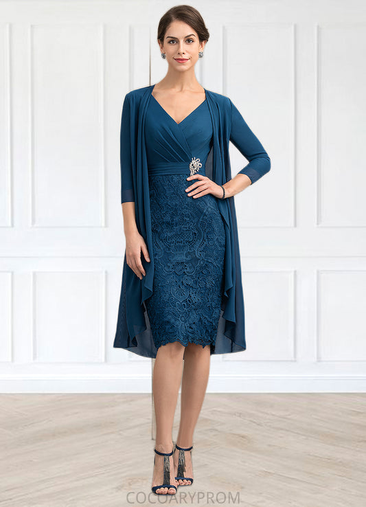 LuLu Sheath/Column V-neck Knee-Length Chiffon Lace Mother of the Bride Dress With Crystal Brooch DA8126P0014972