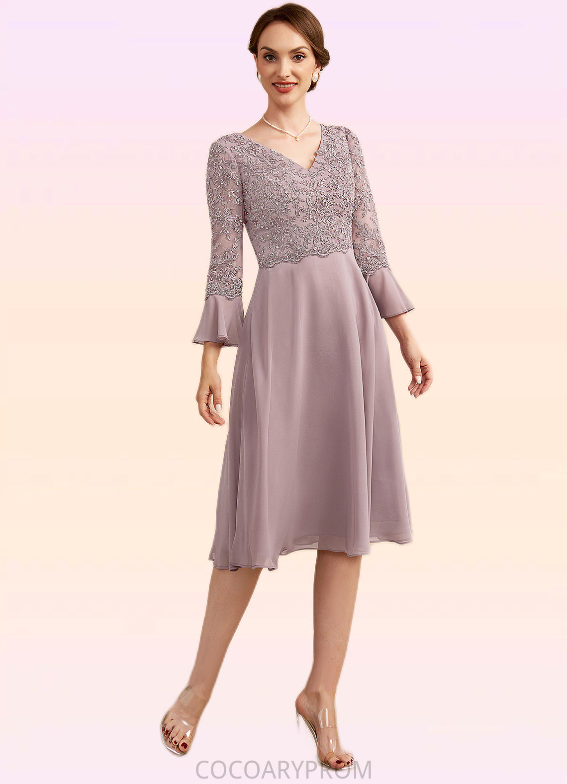 Julia A-Line V-neck Knee-Length Chiffon Lace Mother of the Bride Dress With Sequins Cascading Ruffles DA8126P0014977