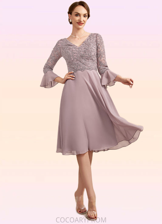 Julia A-Line V-neck Knee-Length Chiffon Lace Mother of the Bride Dress With Sequins Cascading Ruffles DA8126P0014977