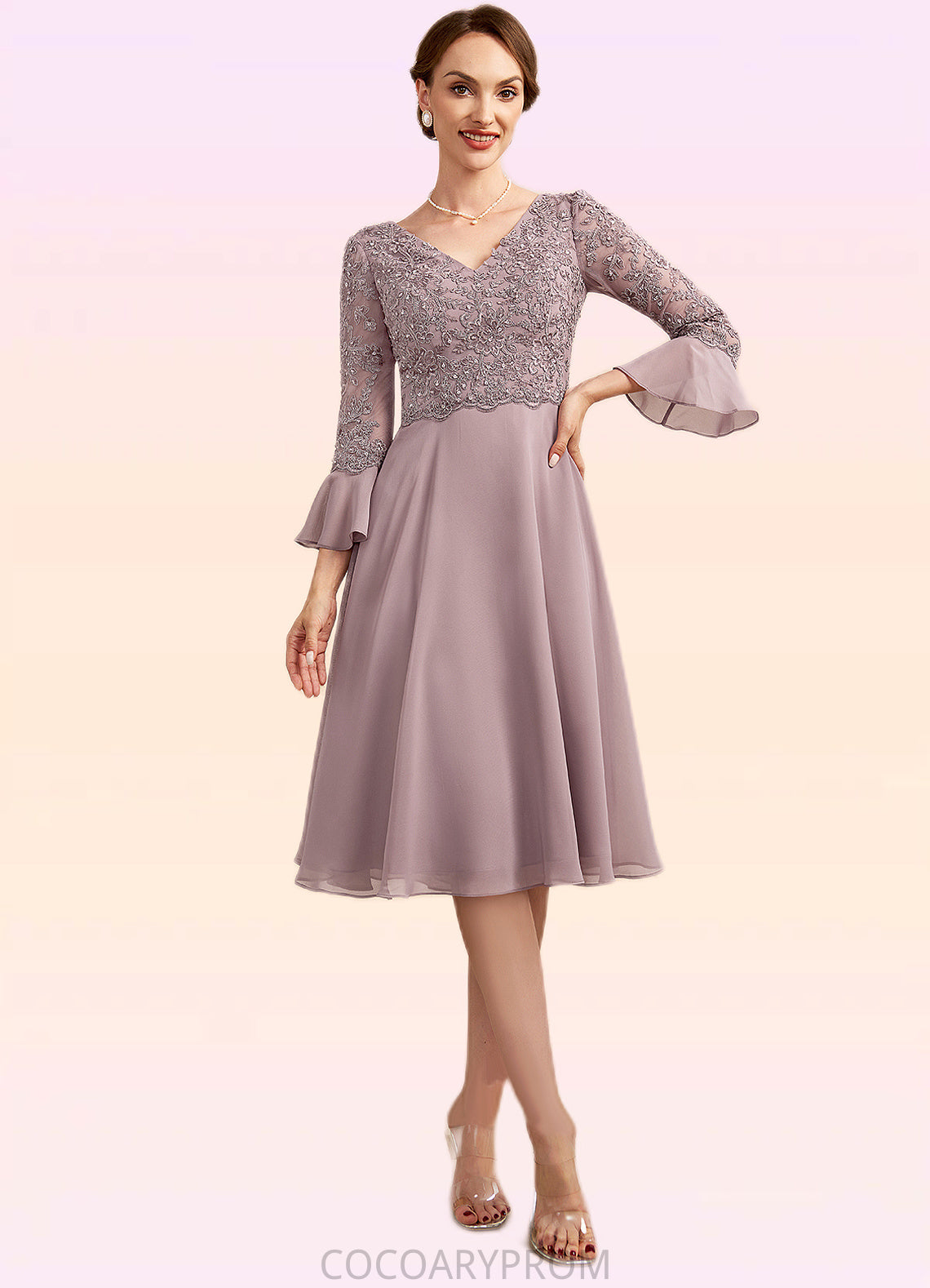 Julia A-Line V-neck Knee-Length Chiffon Lace Mother of the Bride Dress With Sequins Cascading Ruffles DA8126P0014977