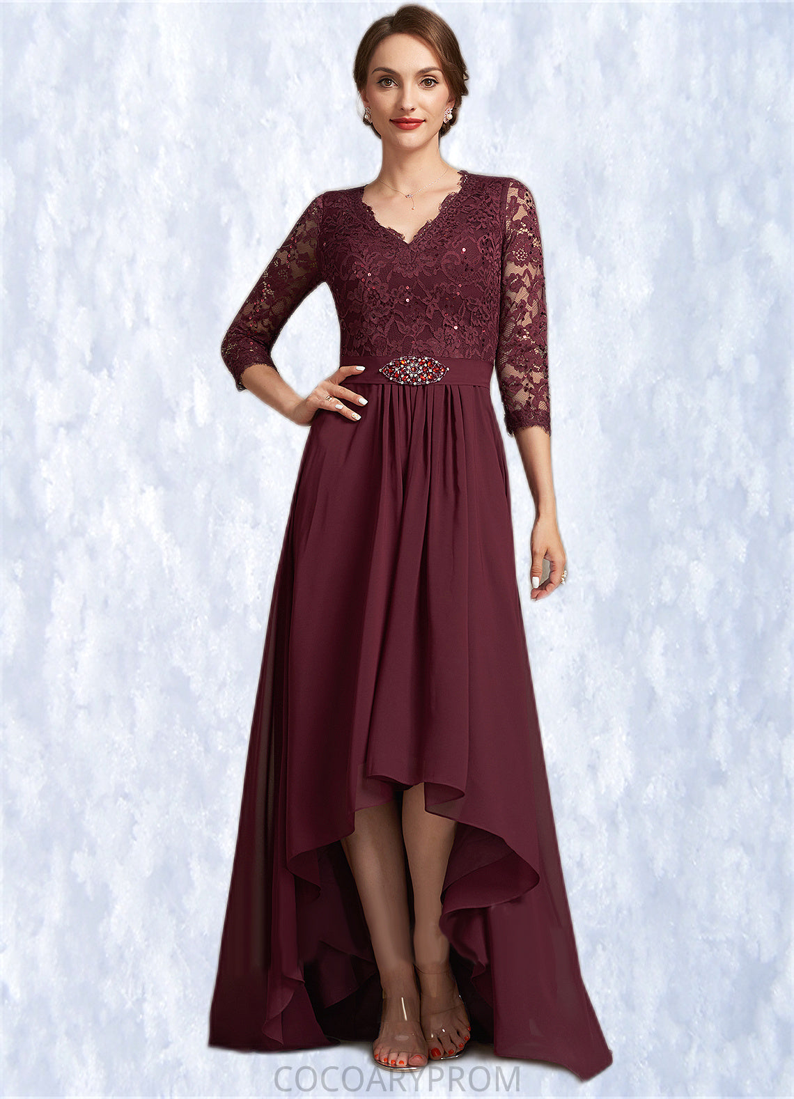 Jaelynn A-Line V-neck Asymmetrical Chiffon Lace Mother of the Bride Dress With Beading Sequins DA8126P0014980