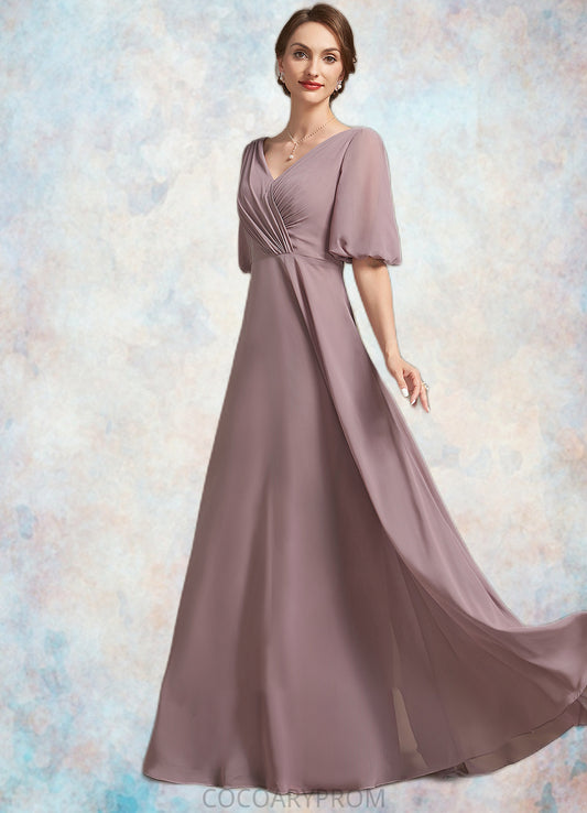 Ashlee A-Line V-neck Floor-Length Chiffon Mother of the Bride Dress With Ruffle DA8126P0014992