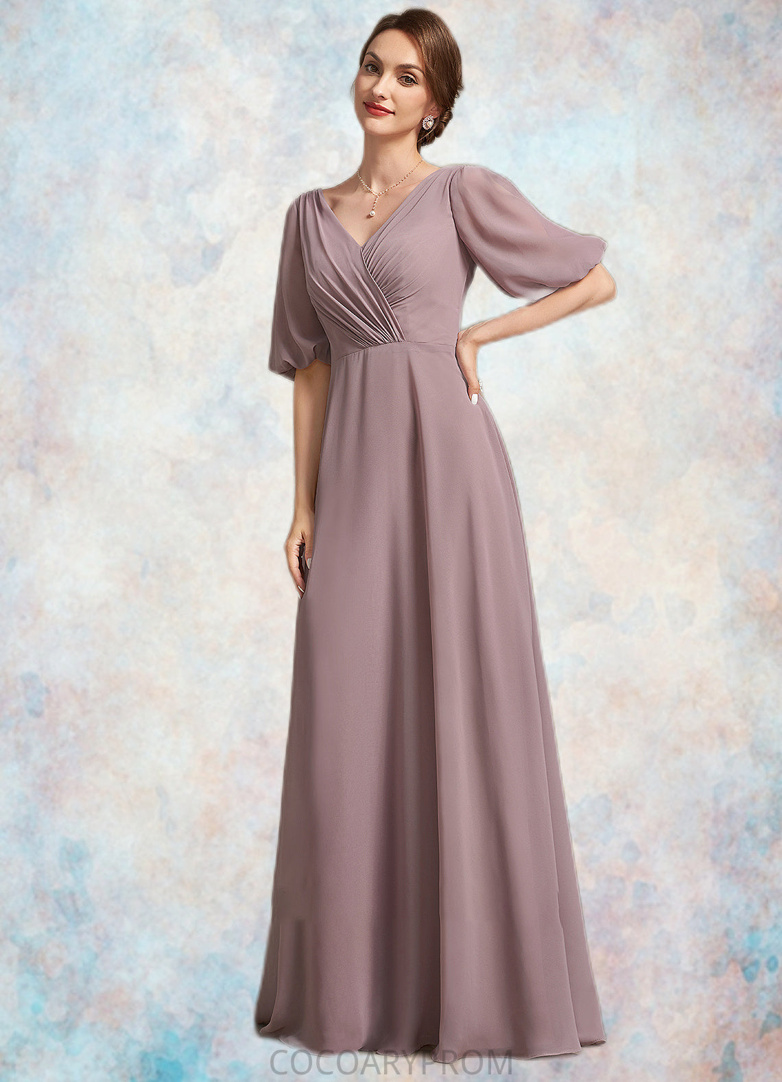 Ashlee A-Line V-neck Floor-Length Chiffon Mother of the Bride Dress With Ruffle DA8126P0014992