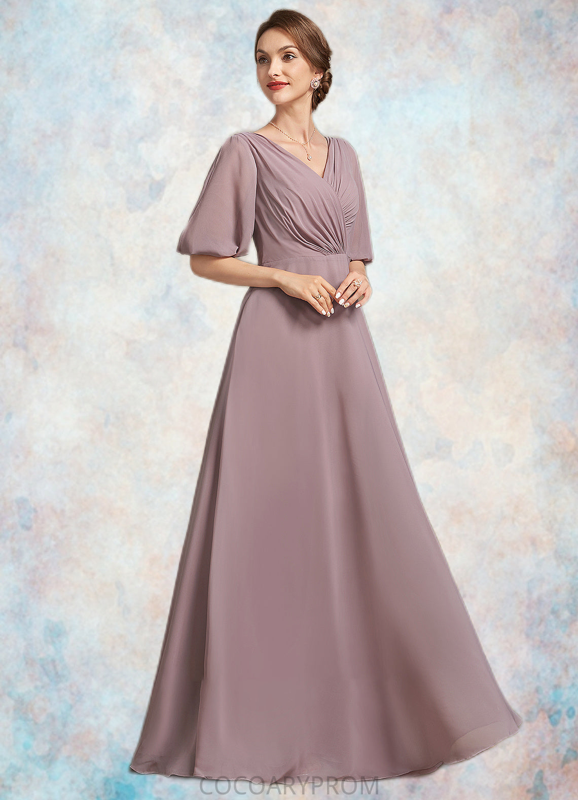 Ashlee A-Line V-neck Floor-Length Chiffon Mother of the Bride Dress With Ruffle DA8126P0014992