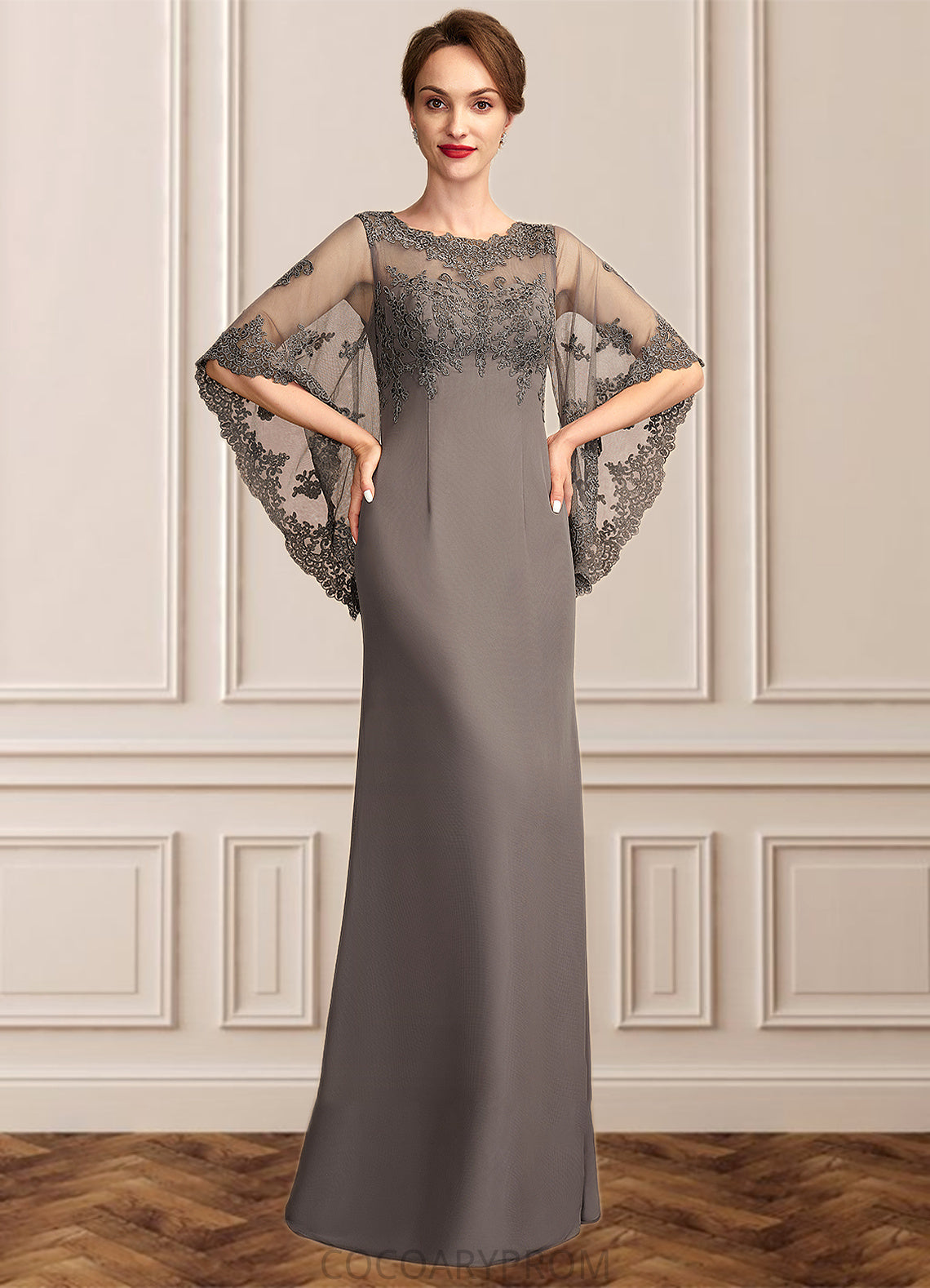 Emilia Sheath/Column Scoop Neck Floor-Length Chiffon Lace Mother of the Bride Dress DA8126P0014996