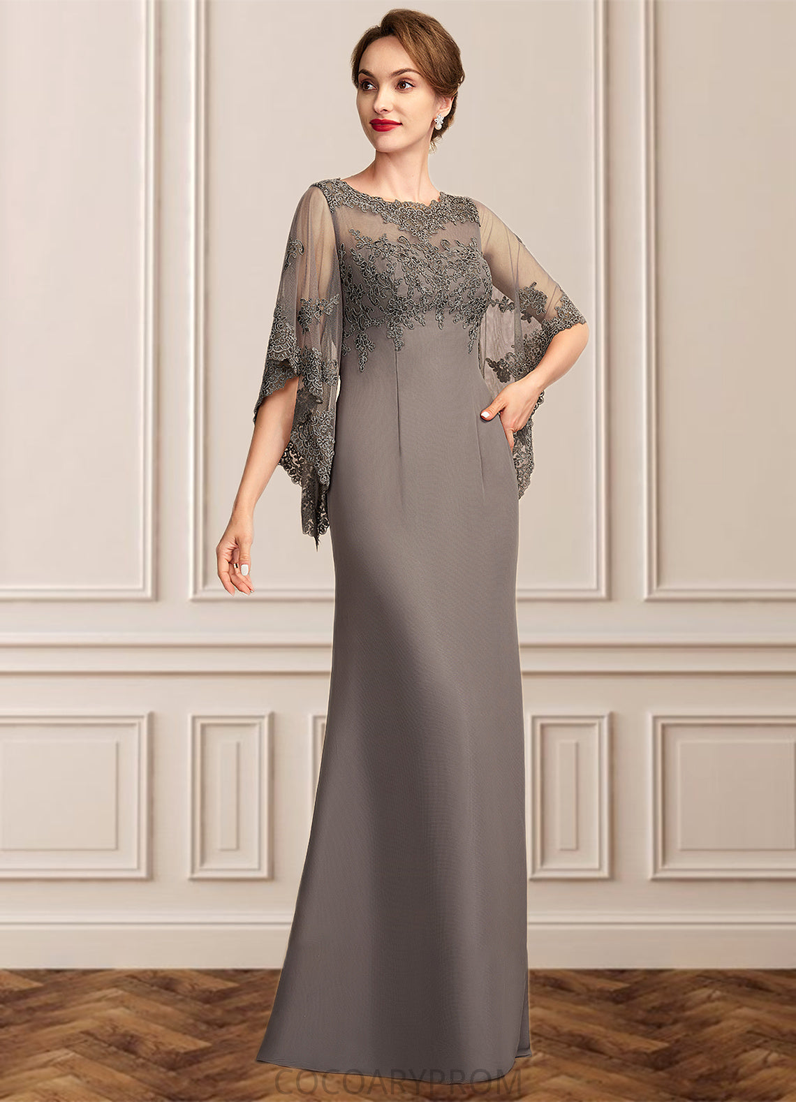 Emilia Sheath/Column Scoop Neck Floor-Length Chiffon Lace Mother of the Bride Dress DA8126P0014996