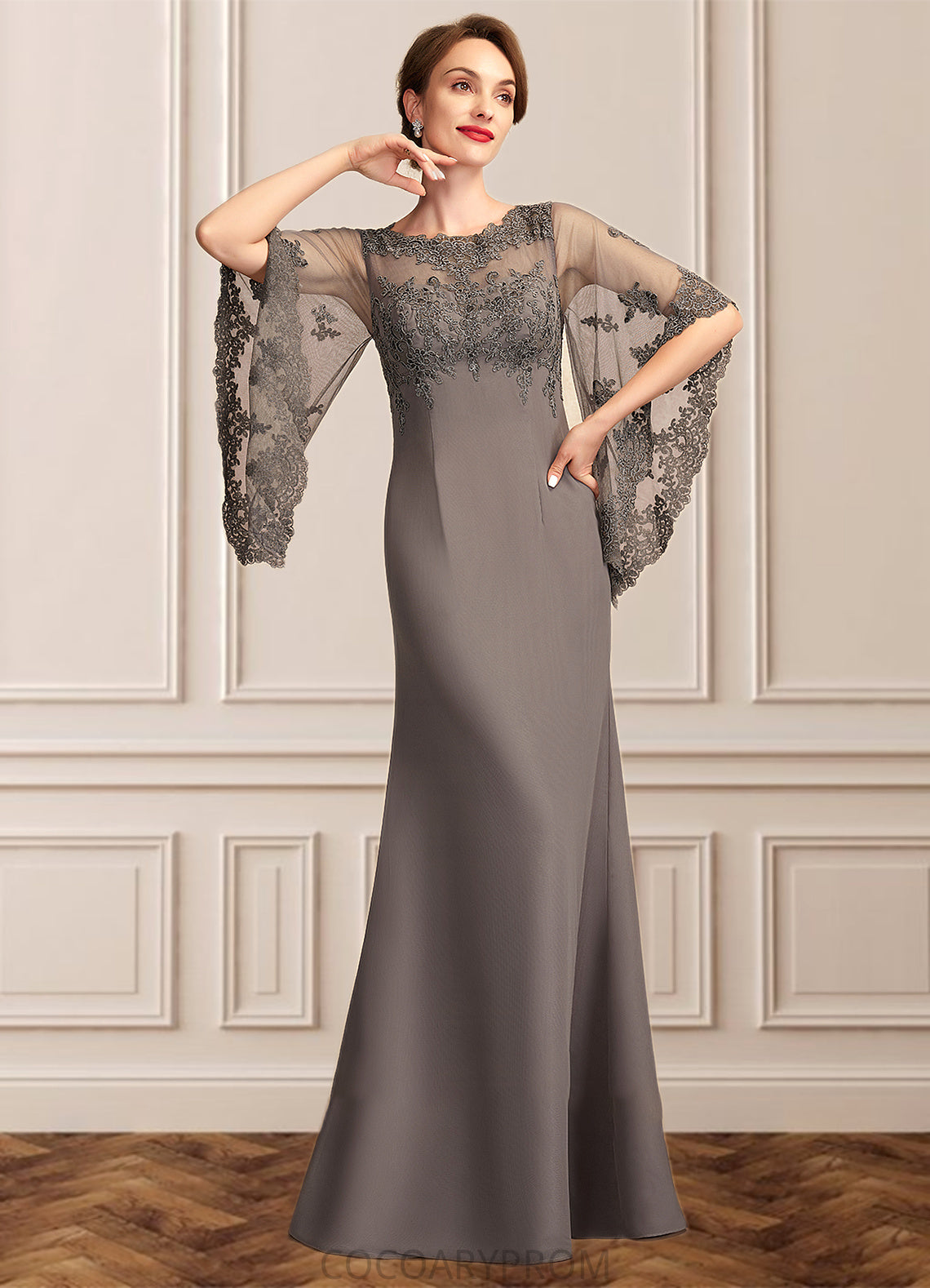 Emilia Sheath/Column Scoop Neck Floor-Length Chiffon Lace Mother of the Bride Dress DA8126P0014996