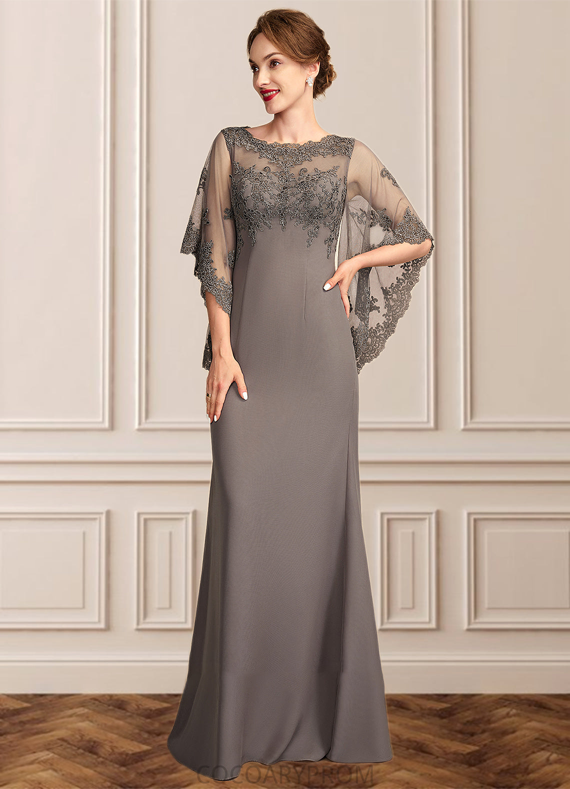 Emilia Sheath/Column Scoop Neck Floor-Length Chiffon Lace Mother of the Bride Dress DA8126P0014996