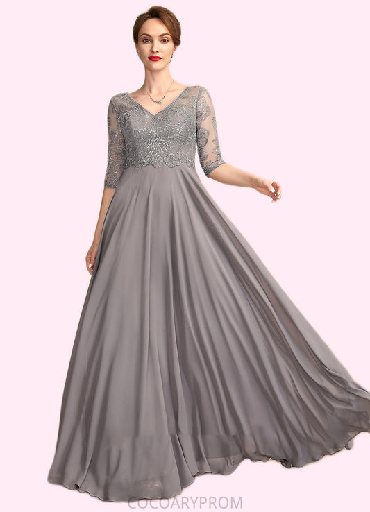 Helen A-Line V-neck Floor-Length Chiffon Lace Mother of the Bride Dress With Sequins DA8126P0014999