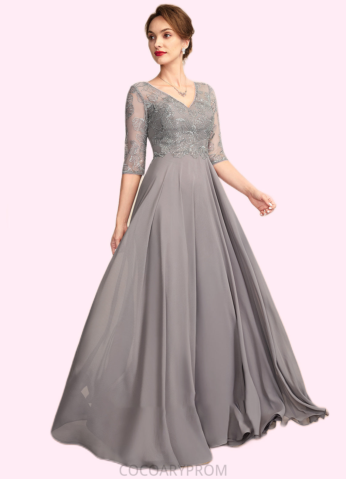 Helen A-Line V-neck Floor-Length Chiffon Lace Mother of the Bride Dress With Sequins DA8126P0014999