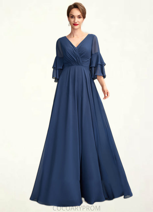 Katrina A-Line V-neck Floor-Length Chiffon Mother of the Bride Dress With Cascading Ruffles DA8126P0015003