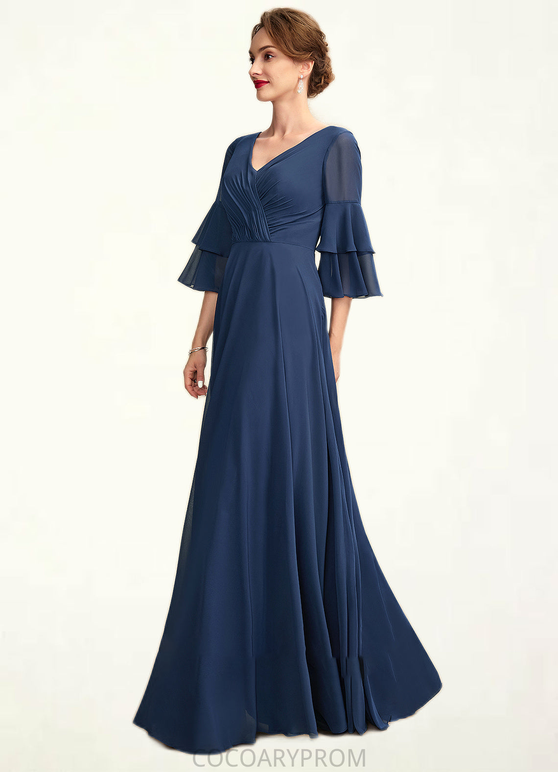 Katrina A-Line V-neck Floor-Length Chiffon Mother of the Bride Dress With Cascading Ruffles DA8126P0015003