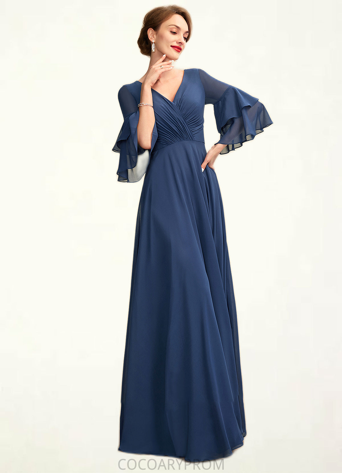 Katrina A-Line V-neck Floor-Length Chiffon Mother of the Bride Dress With Cascading Ruffles DA8126P0015003