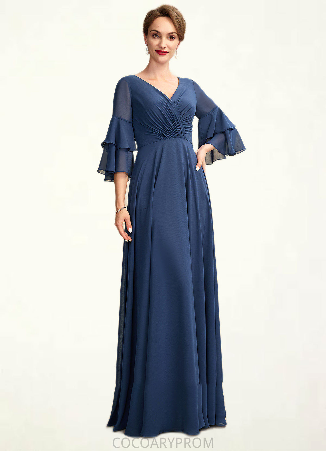 Katrina A-Line V-neck Floor-Length Chiffon Mother of the Bride Dress With Cascading Ruffles DA8126P0015003