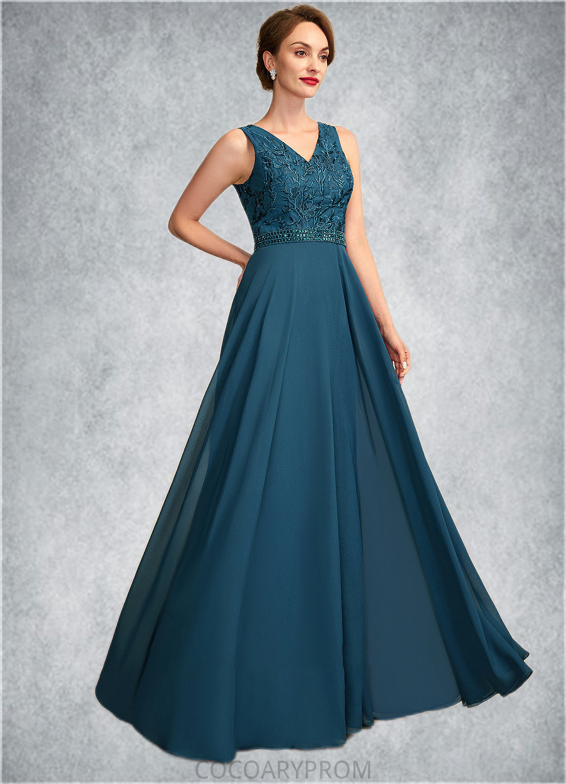 Lila A-Line V-neck Floor-Length Chiffon Lace Mother of the Bride Dress With Beading Sequins DA8126P0015004