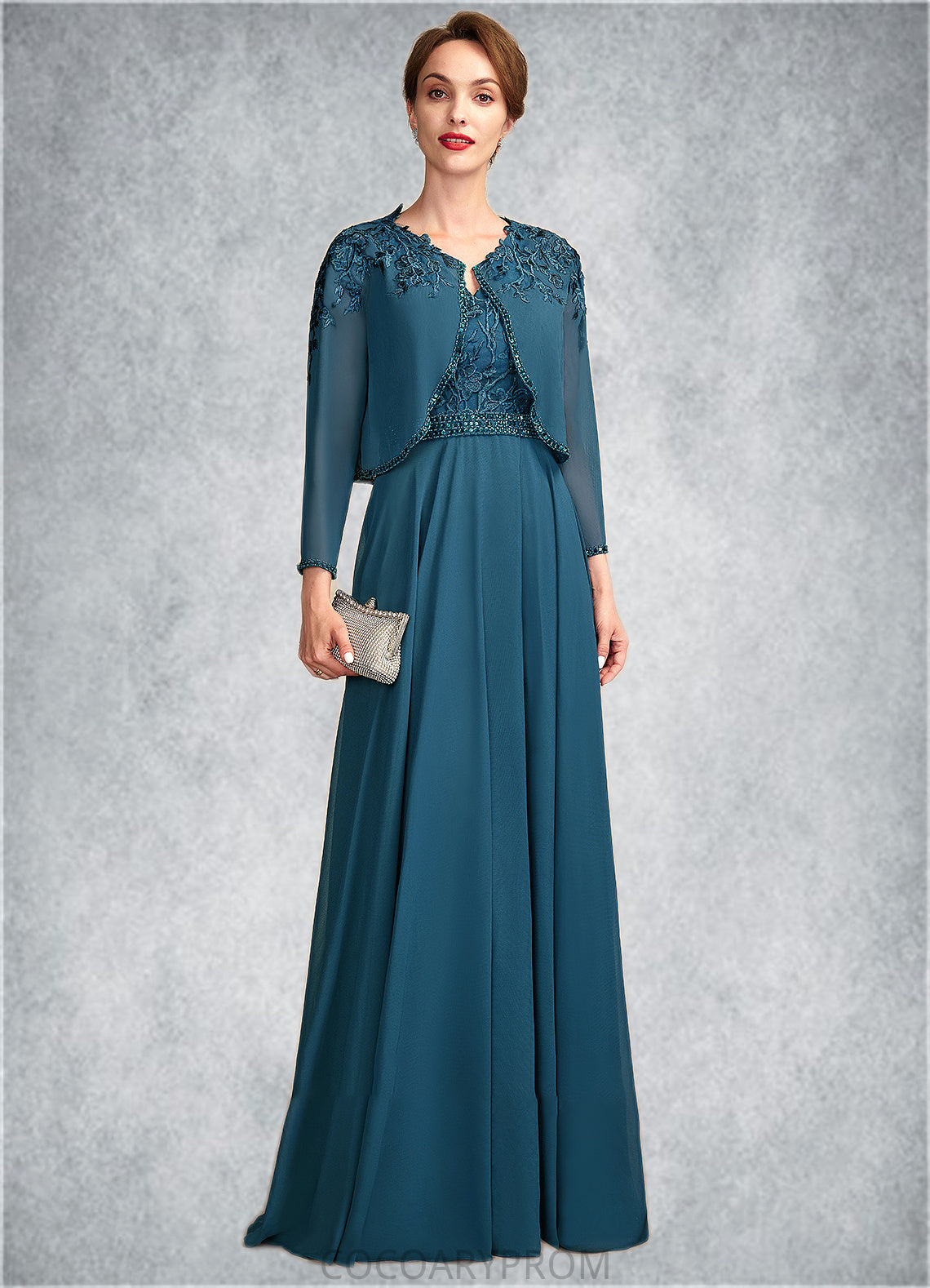 Lila A-Line V-neck Floor-Length Chiffon Lace Mother of the Bride Dress With Beading Sequins DA8126P0015004