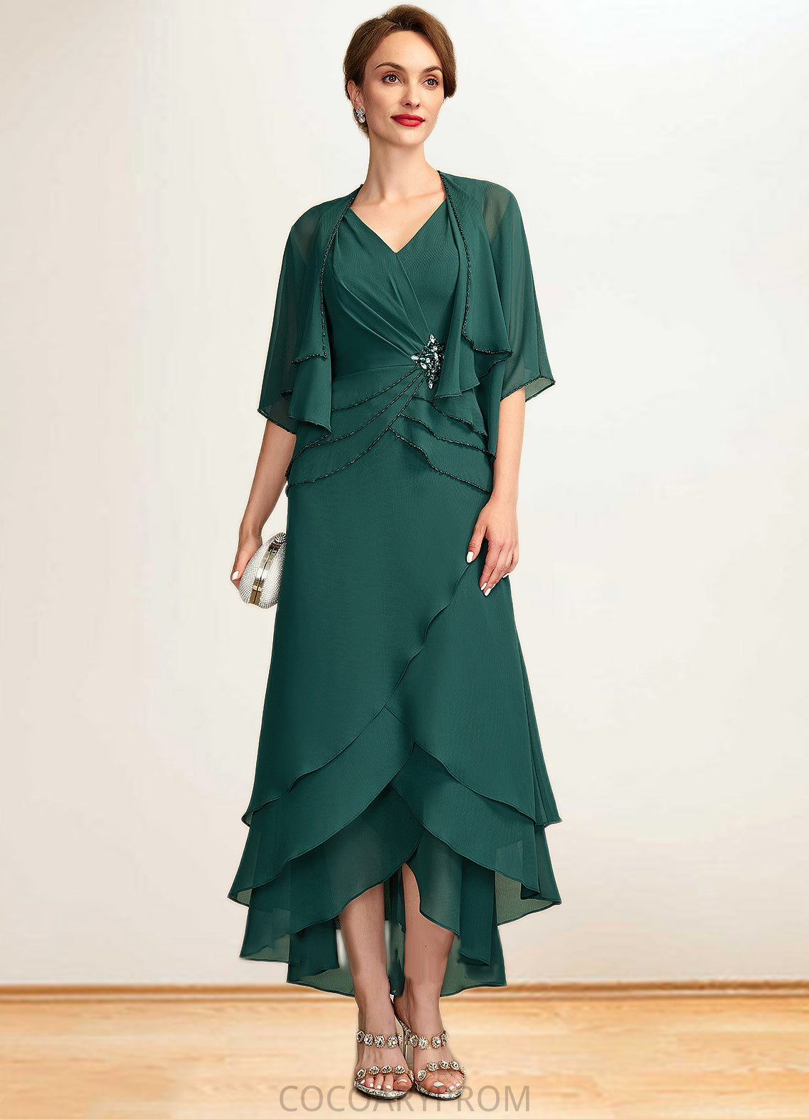 Setlla A-Line V-neck Asymmetrical Chiffon Mother of the Bride Dress With Beading Sequins Cascading Ruffles DA8126P0015005